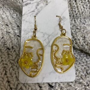 Handmade Gold-tone with Resin Face Dangle  Earrings with yellow flower accents